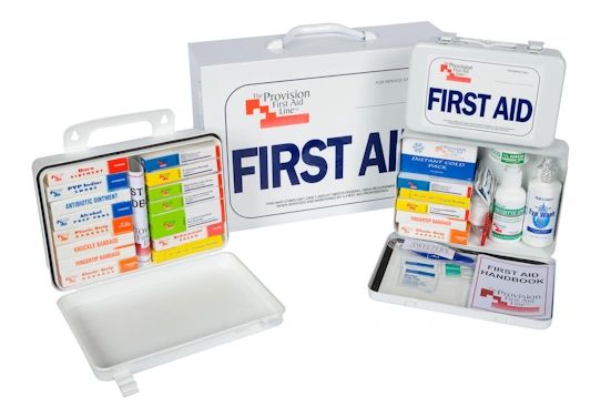 First aid medical kits, que tips, tweezers, scissors on the ground.